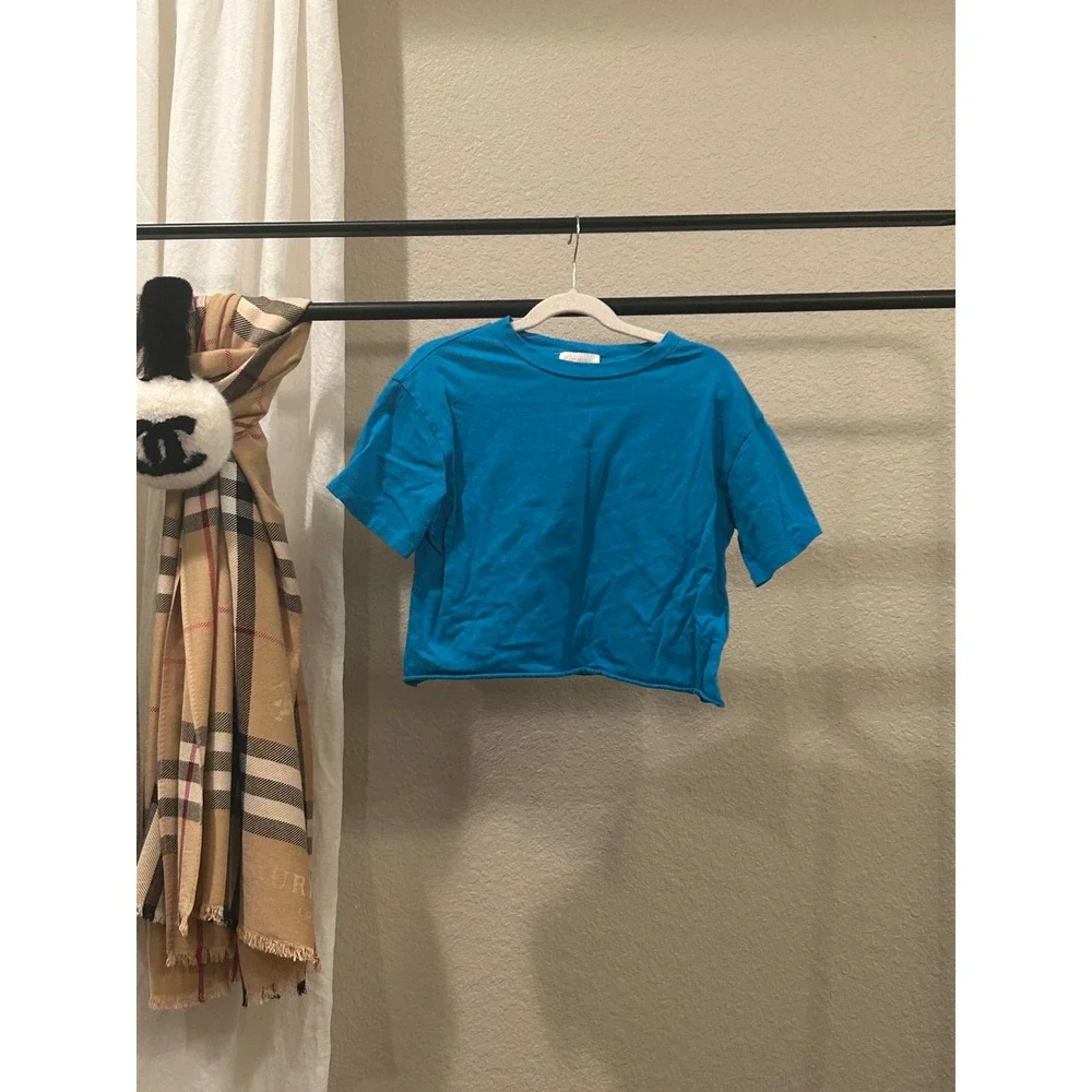 gb Girls Blue Cropped Short Sleeve Crew Neck T-Shirt Size M 8-10